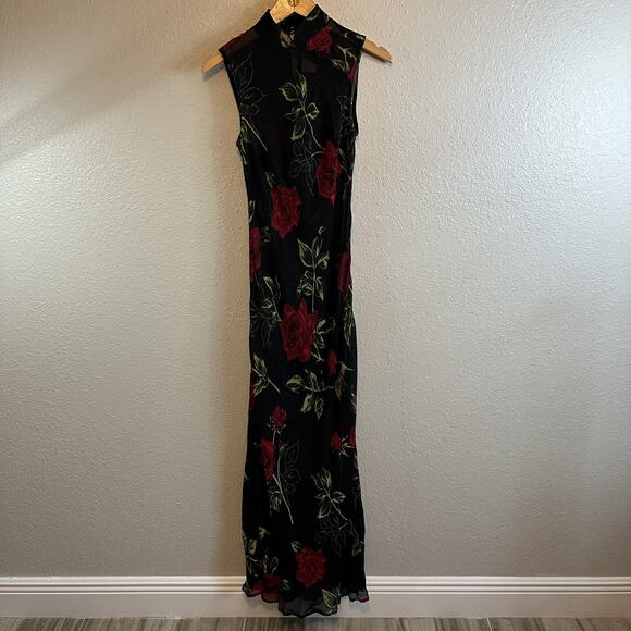 Vtg CACHE Dress Black Sheer Mesh Maxi 4 Rose Flowers 90's Goth Homecoming Y2K - Picture 3 of 7
